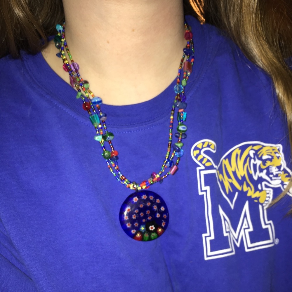 Blue and red flowered necklace